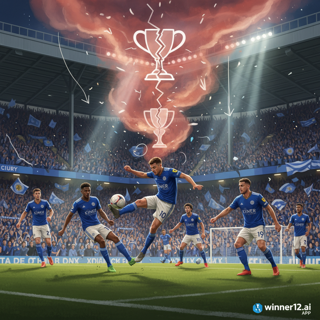 Alt text: Realistic poster of Leicester City players in action at a packed English soccer stadium, dynamic crowd and dramatic lighting highlighting championship tension, subtle overlay symbolizing points deduction impact, no scoreboard numbers, winner12.ai branding in corner.