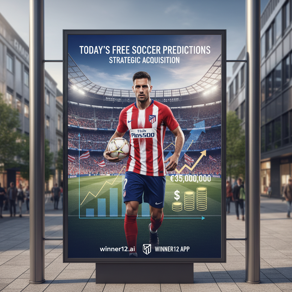 图片ALT文本：马竞球员身穿球队战袍，背景为细致的足球场，辅以象征智能投资的财务图形，展示3500万欧元引援战略，配有“今日足球预测推荐免费”现代文字覆盖及winner12.ai标志，体现真实专业的足球转会洞察海报。