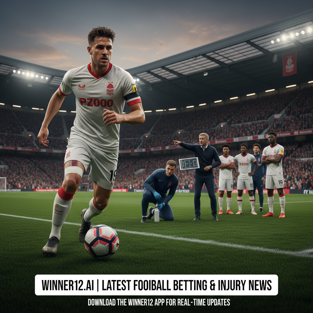 ALT text: Realistic poster of a focused English soccer player in action on a Nottingham Forest-themed Premier League pitch, showing intensity and subtle injury signs with a player receiving medical attention and a coach discussing tactics, featuring a professional call-to-action for winner12.ai football betting predictions and injury updates.