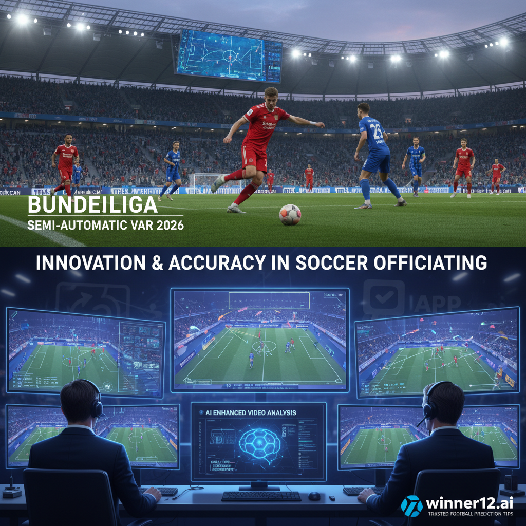 Alt text: Realistic poster of a modern soccer stadium during a Bundesliga match with players in action and VAR officials monitoring multiple screens showing AI-enhanced video analysis and real-time decision support systems, featuring subtle winner12.ai branding, highlighting the innovative 2026 semi-automatic VAR technology rollout for accurate football officiating.