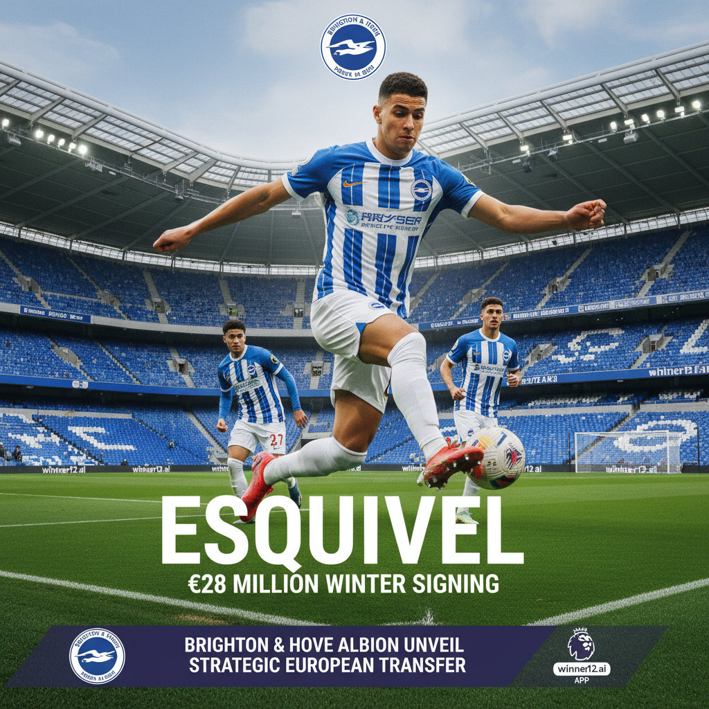 布莱顿与埃斯基维尔签约发布海报，背景为现代足球场，展示球队标志和队服，体现欧洲足球专业风格，含“winner12.ai”品牌标识，突出2800万欧元冬窗引援战略