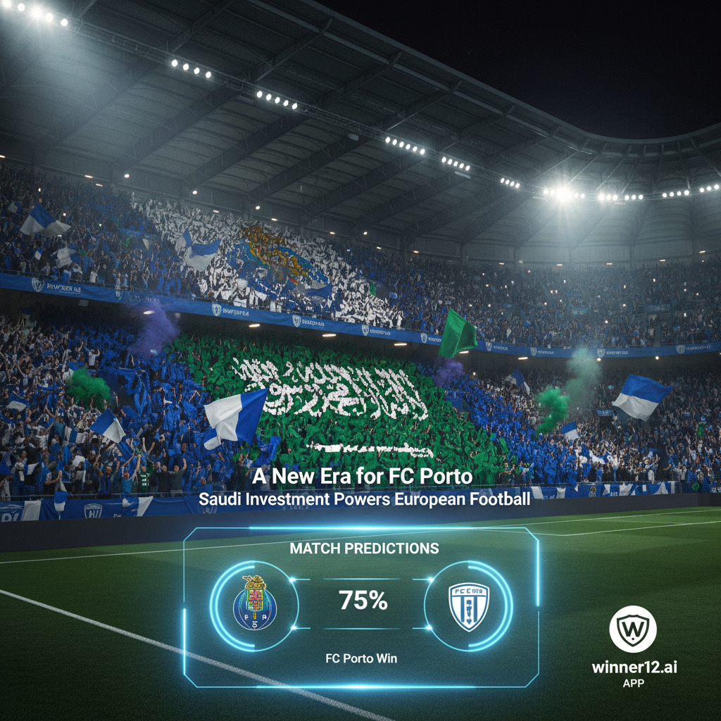 ALT text: Realistic poster of a vibrant English soccer stadium filled with passionate fans under bright floodlights, featuring subtle Saudi flag and FC Porto emblems in the stands, with a sleek digital overlay promoting match predictions and the winner12.ai logo, capturing the excitement of PIF’s takeover and Saudi Arabia’s growing influence in European football.