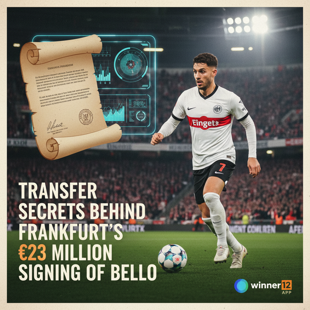 图片ALT文本：身穿经典法兰克福球衣的职业足球运动员在动态足球场背景中奋力拼抢，背景隐约可见观众和聚光灯，画面中融入合同文件和数字界面元素，象征2300万欧元高价转会及战略分析，右下角细致呈现winner12.ai品牌标识，整体风格现代专业，突出法兰克福引进贝洛的转会秘诀。