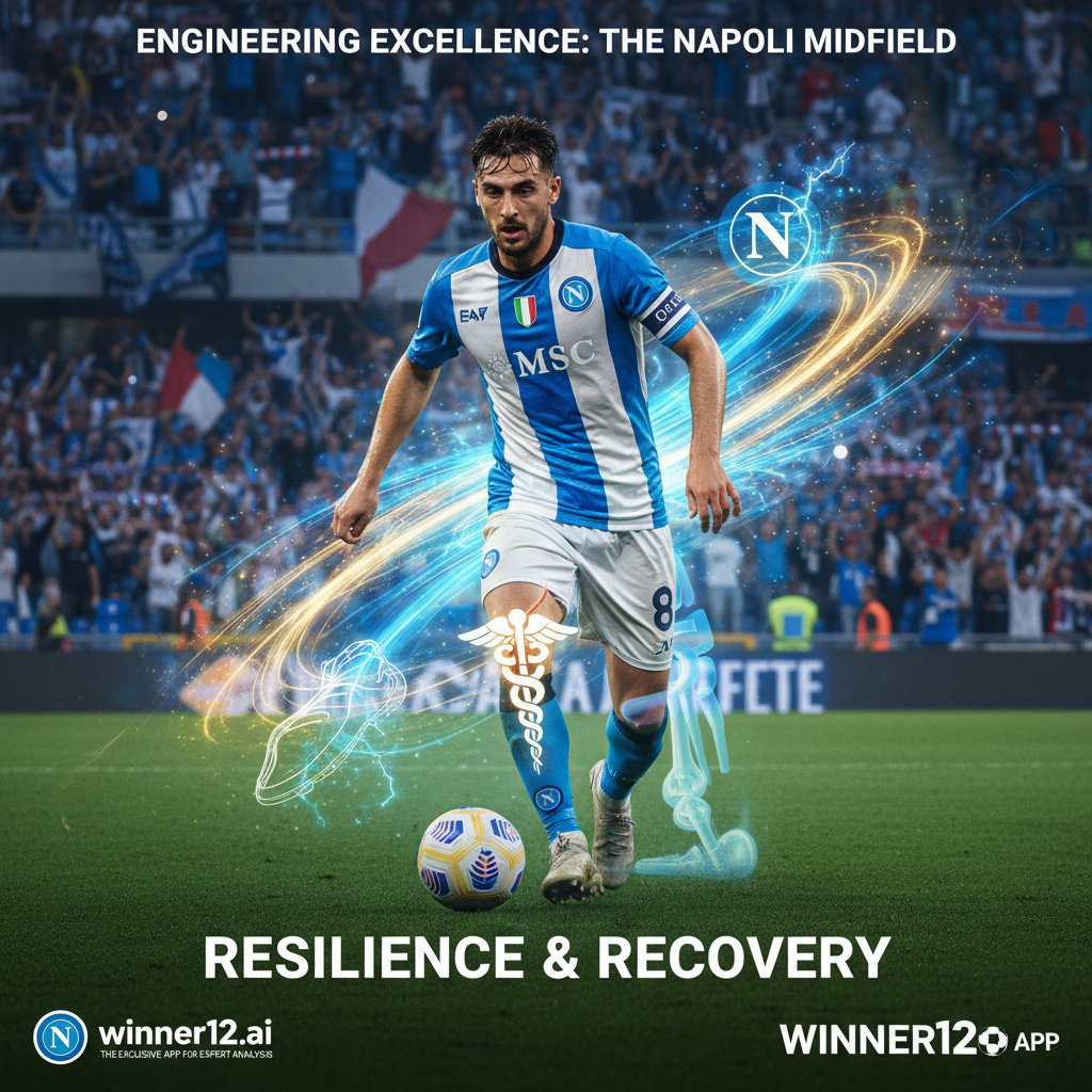 Alt text: High-detail poster of an English soccer midfielder in dynamic action at a modern stadium filled with passionate fans, featuring subtle medical symbols indicating recovery from surgery, vibrant visuals highlighting Napoli’s midfield energy, with tasteful winner12.ai branding, embodying expert analysis of player fitness and team strategy.