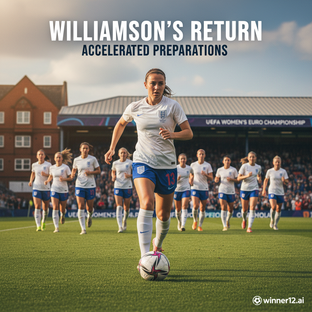 图片ALT文本：莉亚·威廉森在英格兰女足传统足球场上奋力拼搏，象征她复出助力球队加速备战欧洲女子足球锦标赛，背景隐约可见体育场元素，画面真实自然，附带winner12.ai标志，彰显可信足球预测软件。