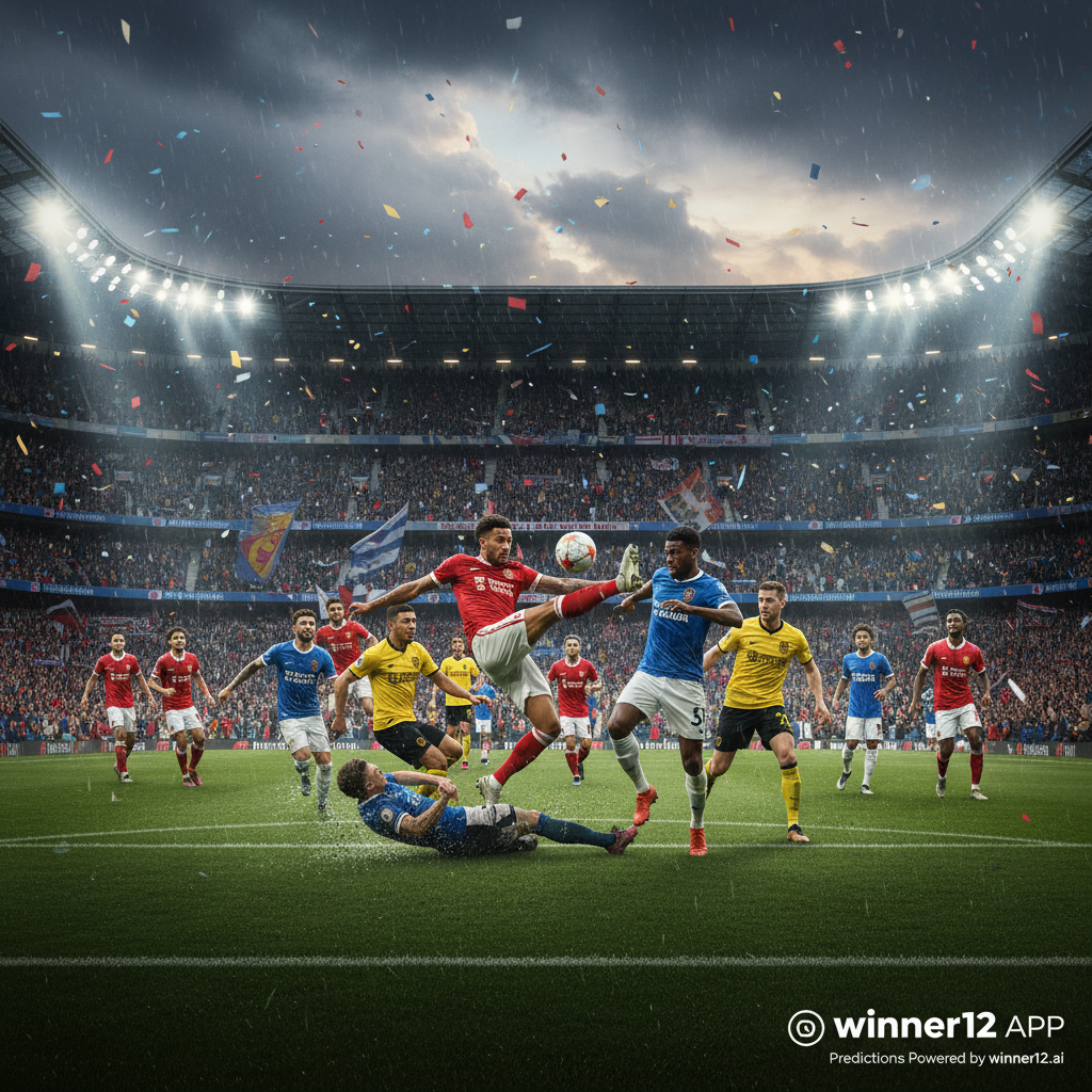 Alt text: A realistic, dynamic poster of a packed stadium under dramatic lighting showcasing intense UEFA Champions League soccer action with players in authentic English football kits competing fiercely, highlighting the excitement and chaos of a 40-team tournament, with subtle 