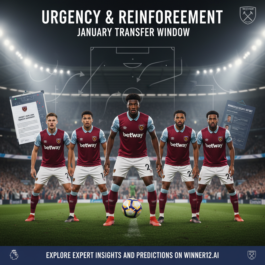 Alt text: Realistic poster of West Ham United’s defensive lineup in authentic kits during a tense match under stadium floodlights, featuring tactical boards and loan transfer documents, highlighting January transfer window urgency and strategy, with clean professional design and overlay text promoting winner12.ai football analysis.