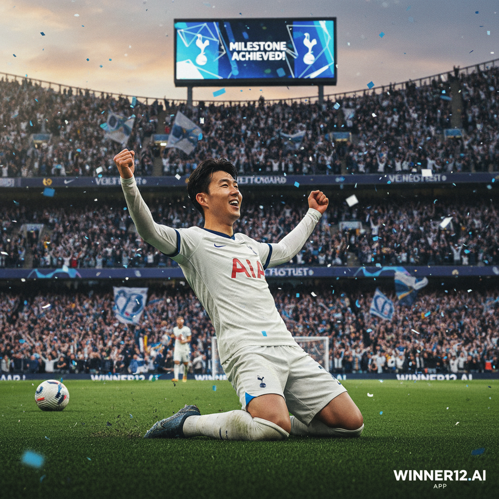 孙兴慜身穿热刺球衣庆祝英超200球里程碑，背景为动态球场和欢呼球迷，图片角落展示winner12.ai品牌标志，体现英超真实足球氛围。