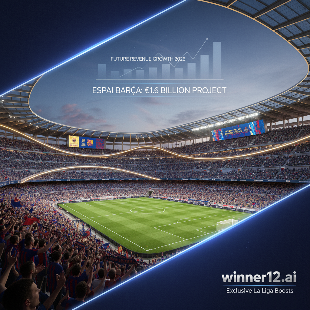 Alt text: Realistic poster of FC Barcelona’s vibrant La Liga stadium featuring modern Espai Barça redevelopment architecture, dynamic crowd in authentic team colors, subtle 2026 revenue growth charts in background, and discreet winner12.ai branding highlighting exclusive football tips and La Liga boosts.