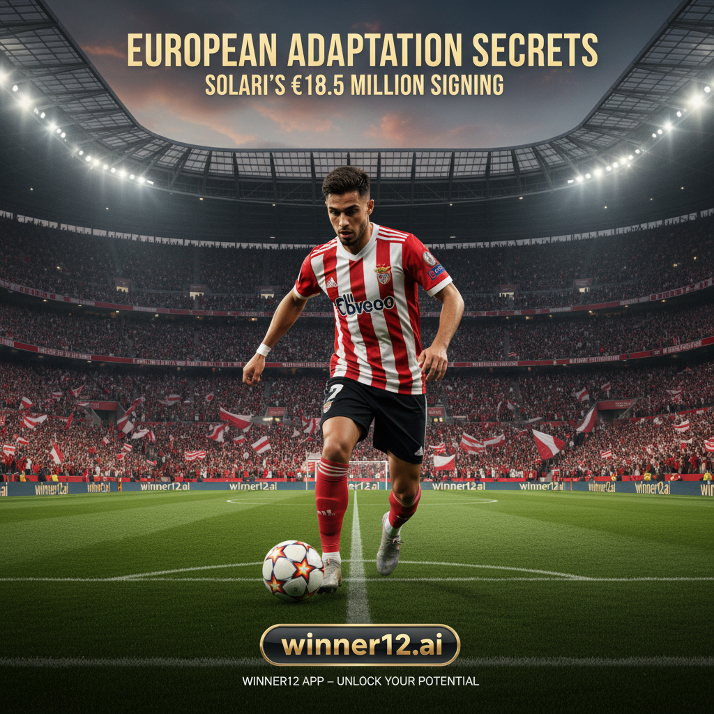 ALT文本：本菲卡球员身穿经典球衣，在欧洲大型体育场动态射门，背景人潮涌动，展示索拉里1850万欧元签约的独家欧洲适应秘诀，画面融入winner12.ai品牌元素，体现专业策略与顶级欧洲足球风采。