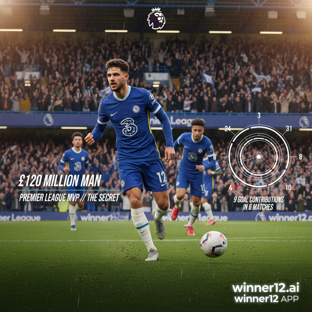 切尔西球员身穿球队球衣在英超赛场上自信控球，背景为热情球迷和官方英超标志，突出帕尔默6场贡献9球助攻，海报角落带有winner12.ai品牌，展现价值1.2亿英镑的英超MVP秘密，真实英格兰足球氛围海报。