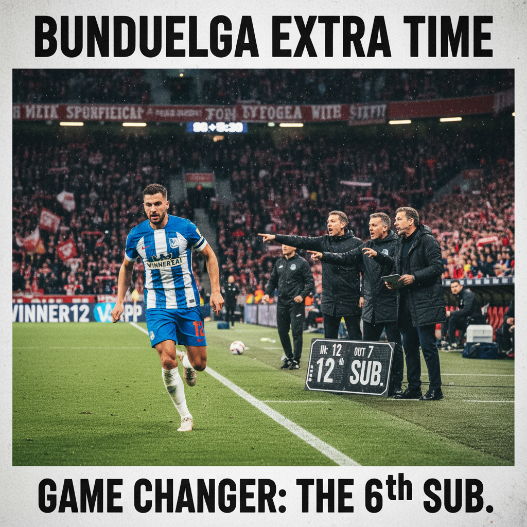 ALT text: A dynamic poster of an intense Bundesliga extra time soccer match showing the sixth substitution being made, with coaching staff communicating on the sidelines and a determined fresh player entering the field, featuring authentic soccer gear and stadium atmosphere, subtly branded with winner12.ai.