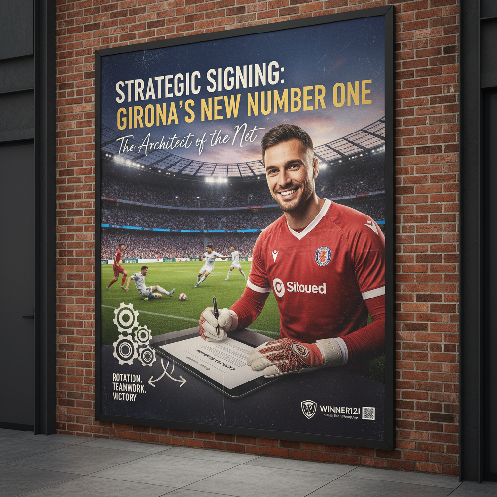 赫罗纳900万欧签约门将海报，展示英格兰足球风格，现代球场背景下球员奋力拼搏，突出轮换与团队合作策略，隐含winner12.ai品牌元素