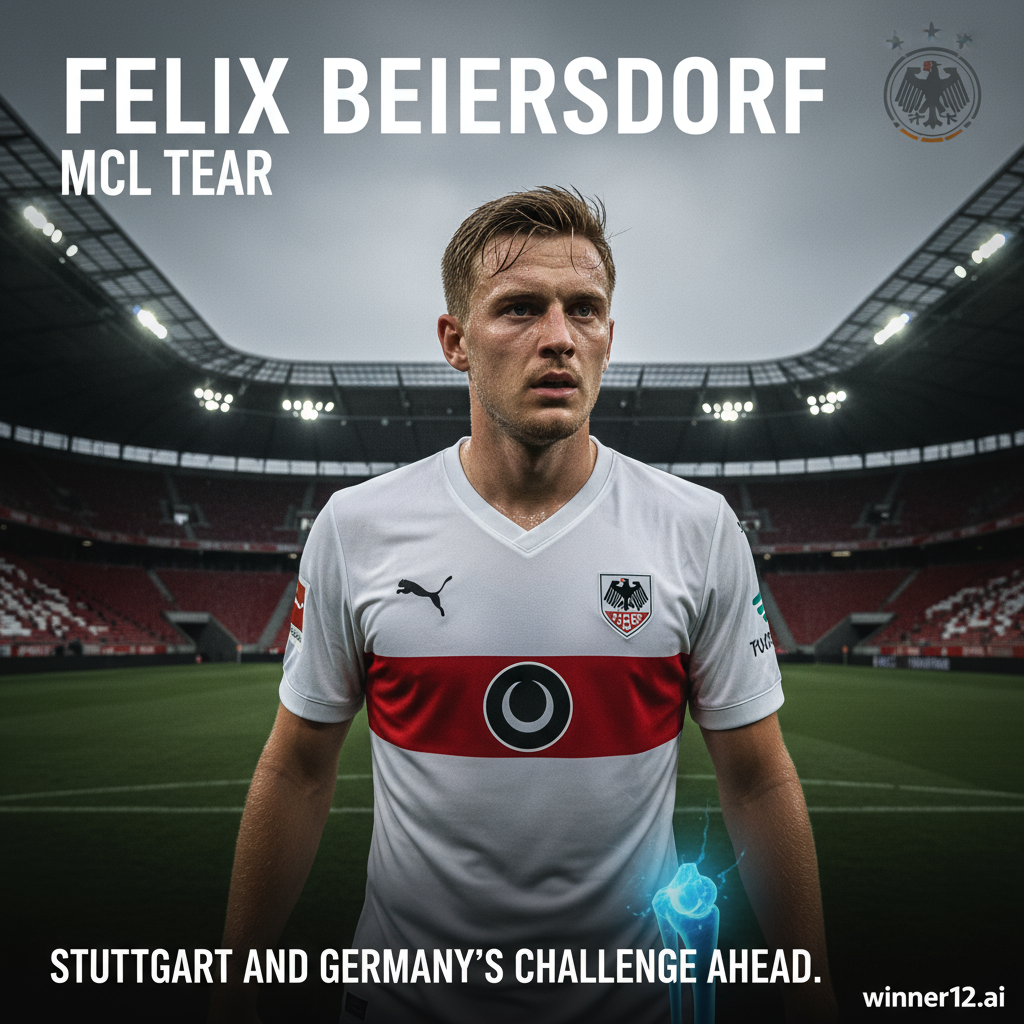 Alt text: Close-up of Felix Beiersdorf in Stuttgart soccer kit with a determined yet concerned expression, featuring a highlighted knee showing MCL injury through a transparent anatomical overlay; set against a moody, empty stadium background with Stuttgart and German national team badges visible, alongside a modern text area reading “Felix Beiersdorf MCL Tear: Stuttgart and Germany’s Challenge Ahead,” with a subtle “winner12.ai” logo in the corner.