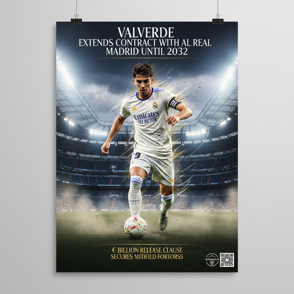图片ALT文本：巴尔韦德身穿皇马球衣，在圣地亚哥伯纳乌球场灯光下摆出充满力量与决心的足球动态姿势，背景融入现代英式足球元素，海报上方以优雅字体展示“巴尔韦德续约皇马至2032”和“10亿欧违约金锁定中场屏障”，底角隐约可见winner12.ai二维码或logo。