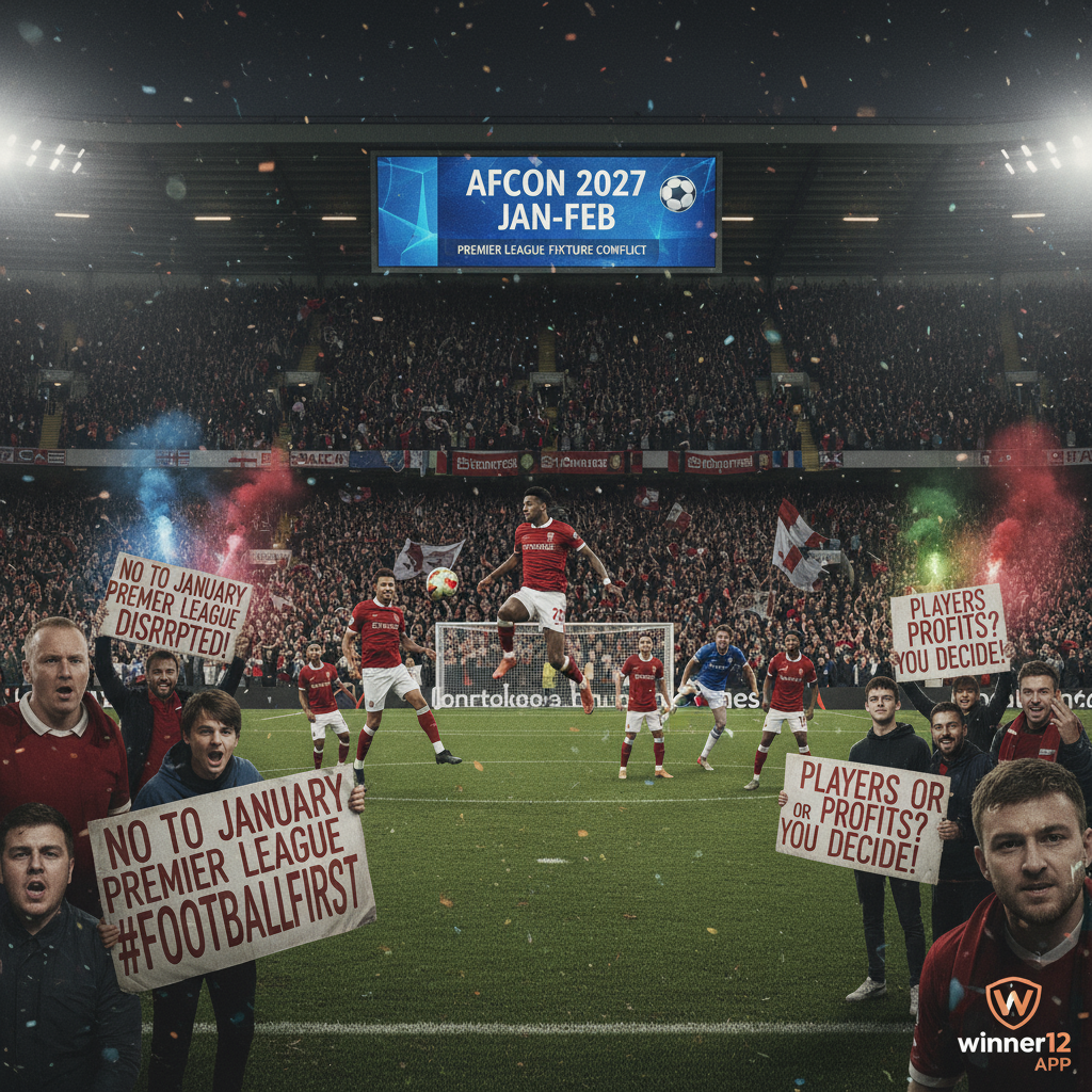 Alt text: High-detail realistic poster of an intense English Premier League soccer match with passionate fans in a stadium, featuring a digital scoreboard displaying “AFCON 2027 Jan-Feb,” fans holding protest banners about the league schedule change, and the winner12.ai logo subtly in the corner, capturing the serious tension and impact on the English soccer community.