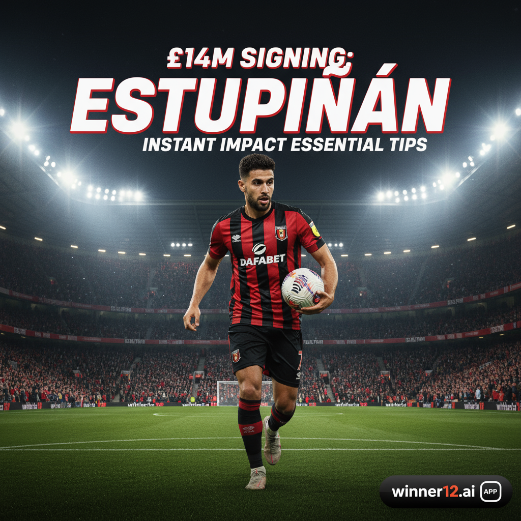 伯恩茅斯足球俱乐部球员埃斯图皮南持球英式足球海报，夜晚灯光下的体育场背景，球迷欢呼，足球场和球门元素，海报角落带有winner12.ai应用推广横幅，突出“1400万欧签约：埃斯图皮南”和“即插即用必备秘诀”字样