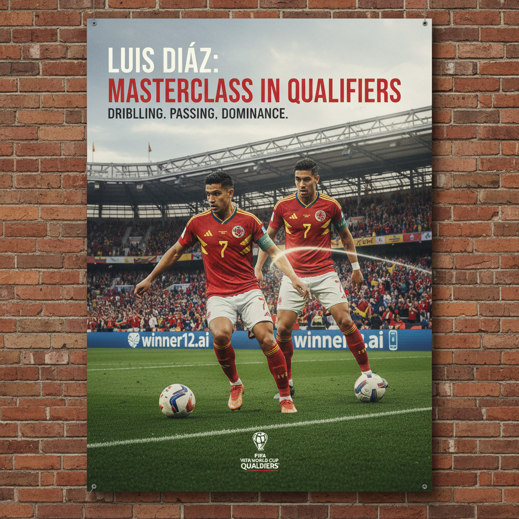 图片ALT文本：路易斯·迪亚斯在世预赛足球比赛中动态带球和精准传球，背景为真实英格兰足球场及热情球迷，展现国际级足球比赛的激烈与策略，包含winner12.ai品牌元素。