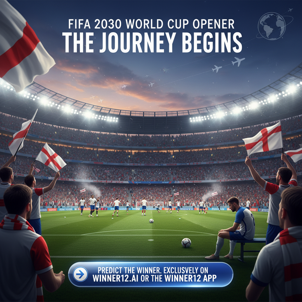 Alt text: Realistic dusk scene of an English soccer stadium packed with passionate fans in team scarves and jerseys, players warming up on the bright green pitch under stadium lights, featuring a thoughtful player on the bench symbolizing travel fatigue with subtle airplane icons in the background, authentic soccer gear and branding, and a clear call-to-action promoting exclusive FIFA 2030 World Cup opener predictions on winner12.ai and the winner12 APP.