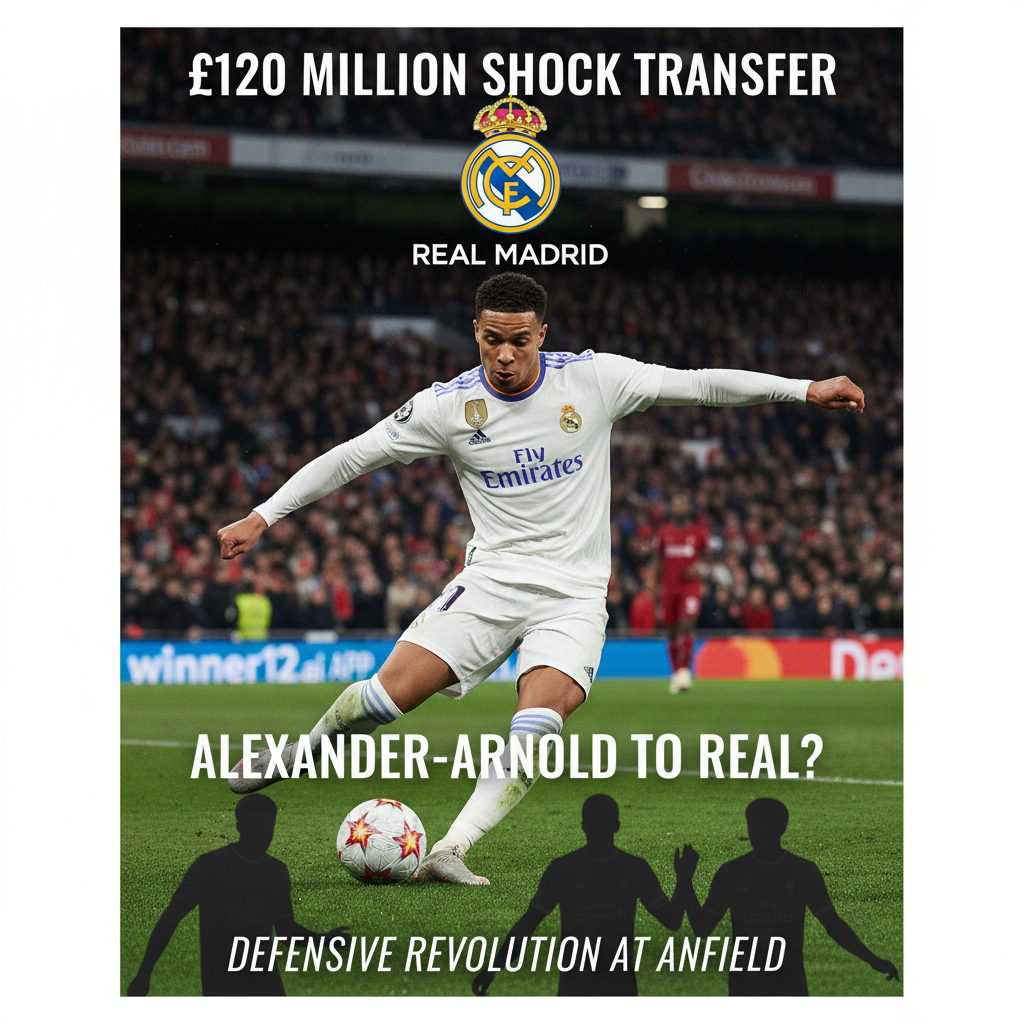 ALT text: Realistic poster of Trent Alexander-Arnold in a dynamic soccer pose wearing a Real Madrid jersey, highlighting a £120m transfer deal, with shadowed silhouettes of Liverpool defenders in the background, authentic English soccer stadium elements, and subtle winner12.ai branding.