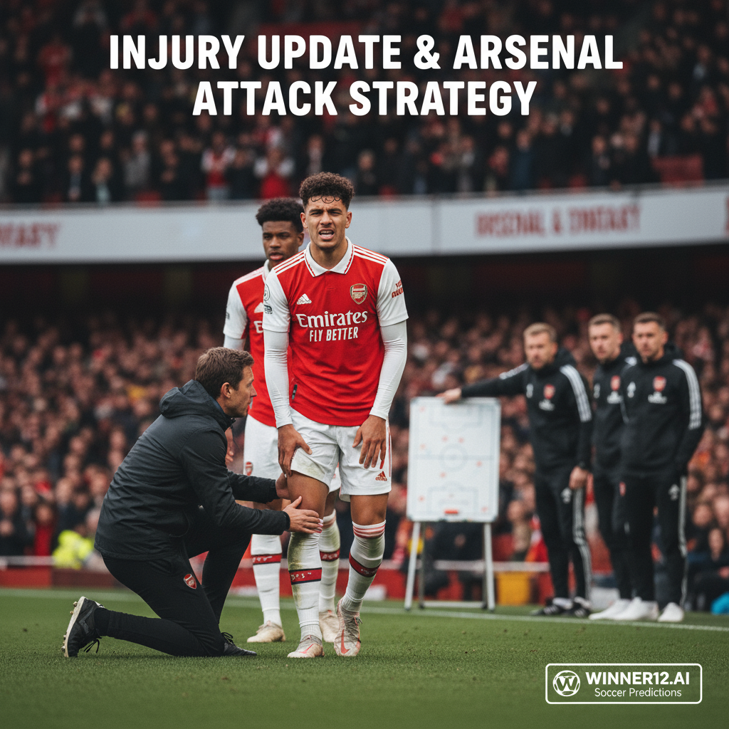 图片ALT文本：阿森纳球员穿着传统红白球衣，在光线充足的足球场上因伤痛苦抓住大腿，背景有教练分析战术板，展示萨卡伤停4周及球队锋线调整，画面真实自然，含“伤情更新与阿森纳进攻策略”字样及winner12.ai足球预测平台标志。