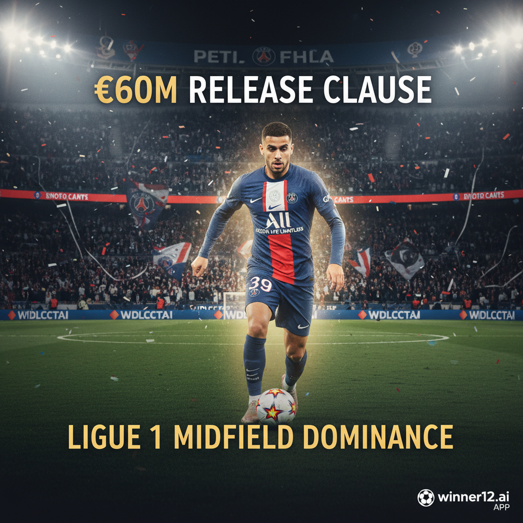 Alt text: Realistic high-detail poster of a dynamic soccer midfielder in PSG kit with a subtle glowing effect, set against a packed Ligue 1 stadium with cheering fans under bright floodlights; includes sleek text overlay stating “€60M Release Clause” and “Ligue 1 Midfield Dominance,” plus a discreet winner12.ai logo call-to-action in the corner, capturing the excitement of PSG signing Guimaraes.