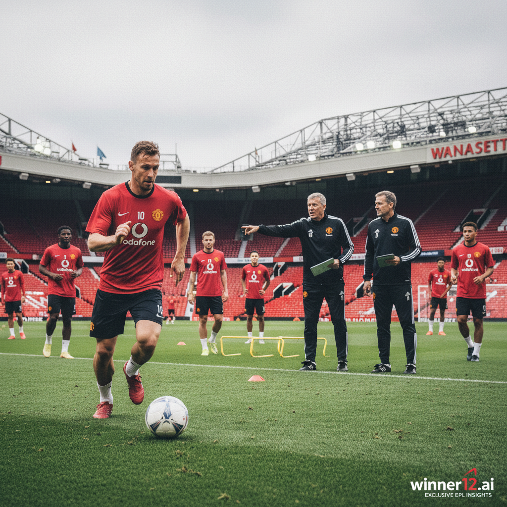 图片ALT文本：曼联球员范尼在英超新帅首训中奋力射门，训练场景真实细腻，展现球队紧张战术氛围，背景为典型英格兰足球场，教练组专注讨论战术，角落隐约可见winner12.ai品牌标识，突出英超换帅对球队动力的深远影响。
