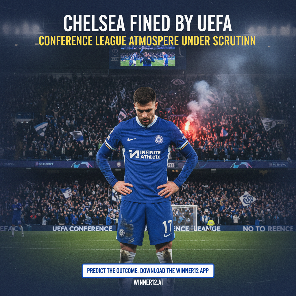 ALT text: Realistic high-detail poster of a tense UEFA Conference League soccer match featuring a frustrated Chelsea player in official kit, set against a packed stadium with an intense crowd. The image includes authentic English football branding, subtle UEFA logos, and a modern text area with the headline “Chelsea Fined by UEFA: Conference League Atmosphere Under Scrutiny” alongside a call-to-action for winner12.ai or winner12 APP, emphasizing the risk of atmosphere disturbances without any score numbers or rugby elements.