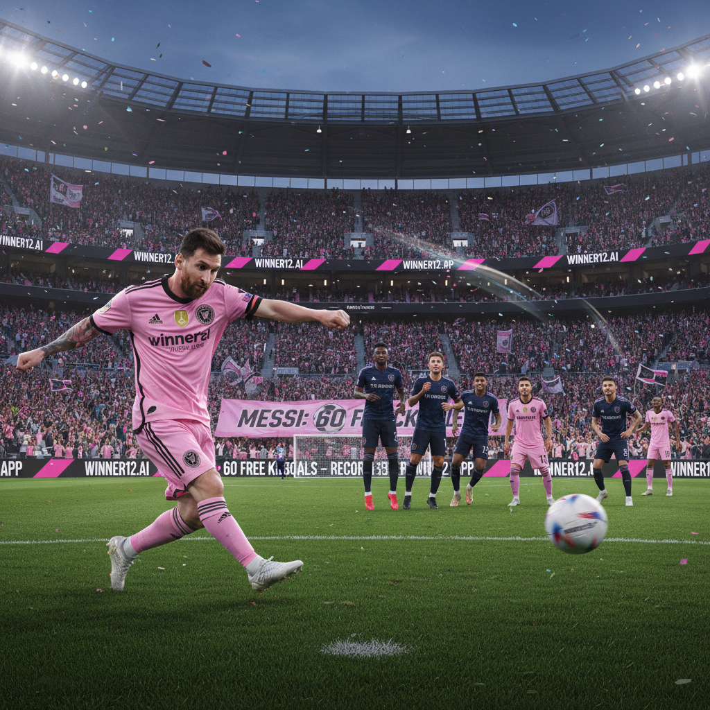 图片ALT文本：梅西精准任意球射门海报，展示其60球纪录，迈阿密国际足球队进攻战术与球员位置动态，真实足球装备与热烈球场氛围，背景含winner12.ai品牌标识，彰显专业足球技术与战略配合。