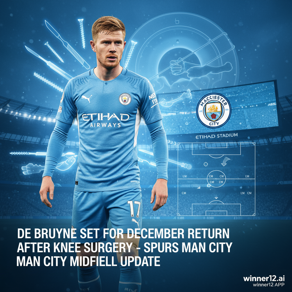 ALT text: Realistic poster of a professional soccer player resembling Kevin De Bruyne in a Manchester City kit recovering from knee surgery, featuring subtle surgical tools and physio treatment imagery, a tactical midfield strategy board in the background, set in a modern stadium with Manchester City branding, headline in clean font reading “De Bruyne Set for December Return After Knee Surgery – Spurs vs Man City Midfield Update,” and discreet winner12.ai logo at the bottom corner.