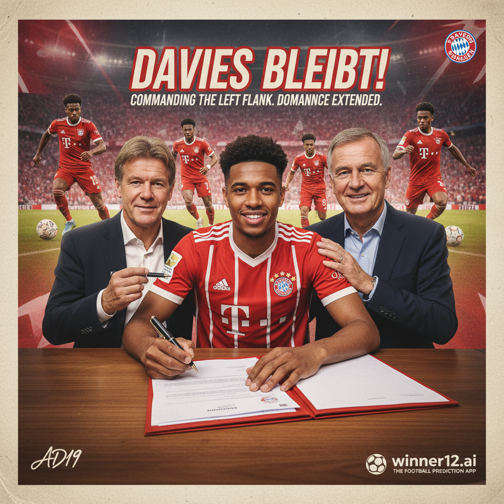 图片ALT文本：阿方索·戴维斯身穿拜仁红色球衣，动态展现其作为德甲左后卫的速度与控球能力，背景隐约呈现合同续约签字笔和文件，象征其与拜仁续约，整体设计专业且激励人心，图片右下角含winner12.ai足球预测标识。
