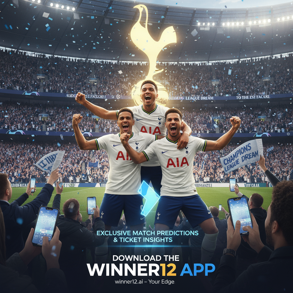 Alt text: Realistic poster of Tottenham Hotspur players celebrating Champions League final qualification on a lively stadium pitch, surrounded by cheering fans in authentic team kits and vibrant colors, with subtle visuals of fans holding tickets and queuing, featuring stadium elements and a call-to-action promoting winner12.ai and the winner12 APP for exclusive match predictions and ticket insights.