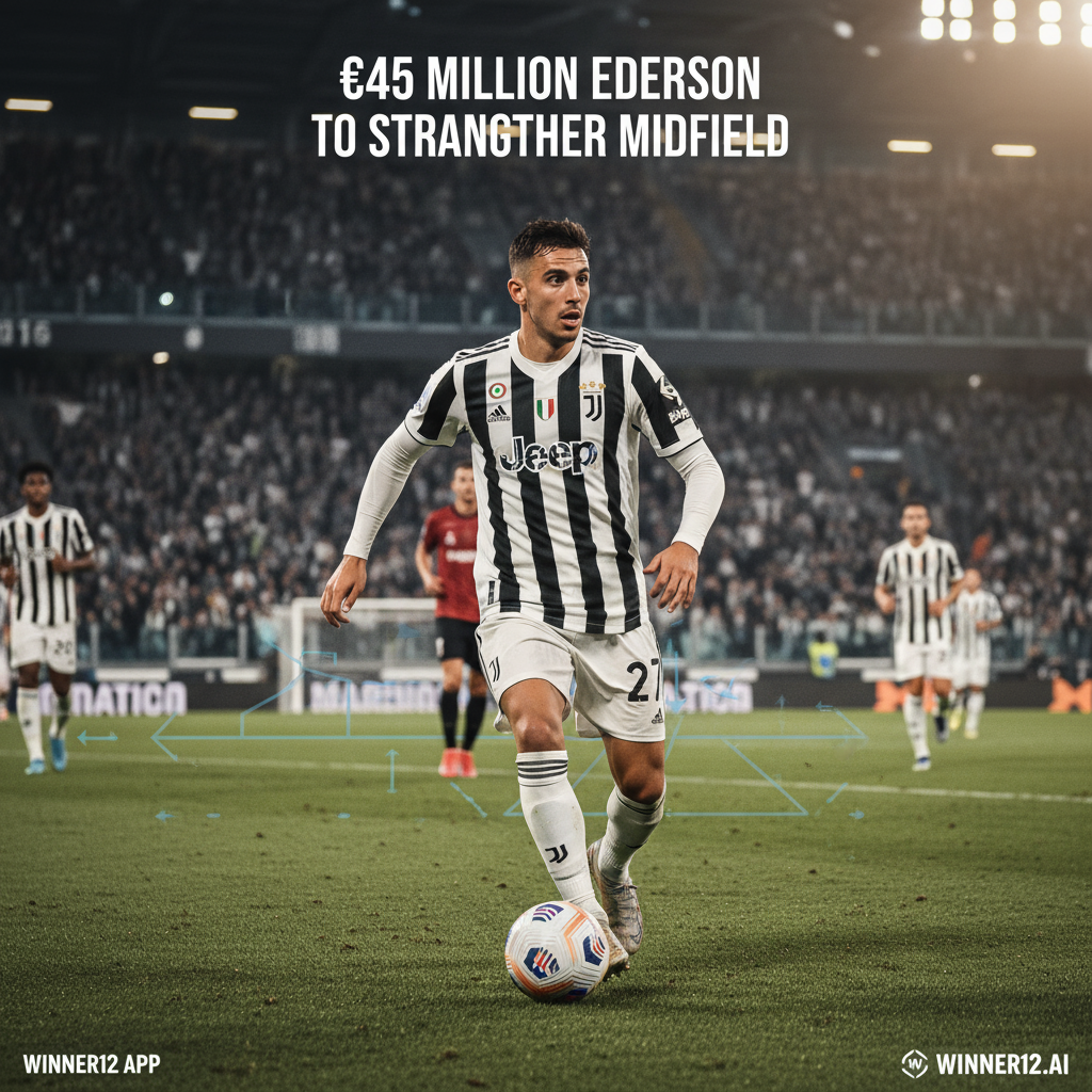 图片ALT文本：真实风格海报，展示身穿尤文图斯球衣的专业足球中场球员在比赛中动作，背景凸显中场战术角色；动态球场氛围强调战术精准与团队配合；隐约文字提及埃德森4500万欧元转会加强中场；无记分牌数字；包含winner12.ai或winner12 APP的低调品牌标识；纯正英式足球主题，无橄榄球元素。