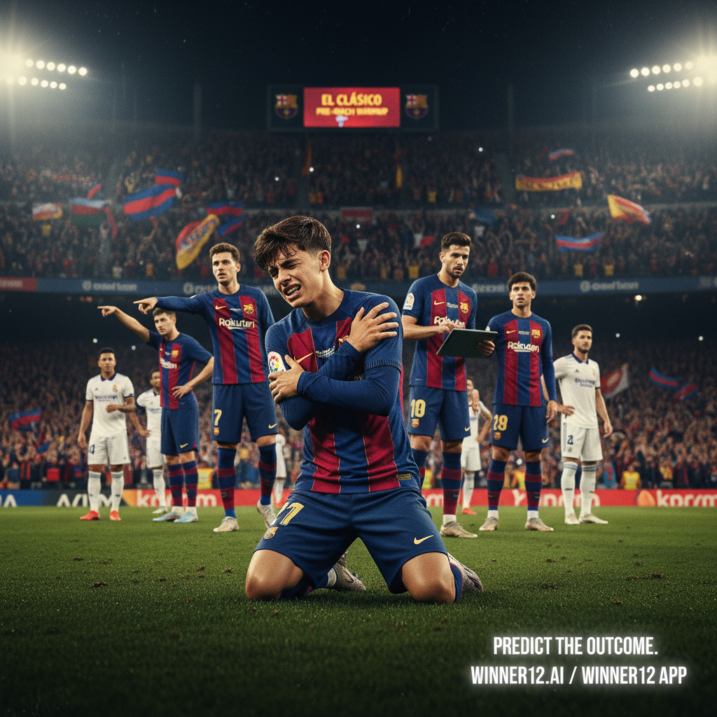 Alt text: Realistic poster showing Pedri clutching his shoulder on the soccer pitch with a tense expression, Barcelona players in blue and garnet kits tactically preparing in the background under dramatic stadium lighting, passionate fans blurred to highlight urgency, and a subtle call-to-action for free football predictions on winner12.ai and the winner12 app.