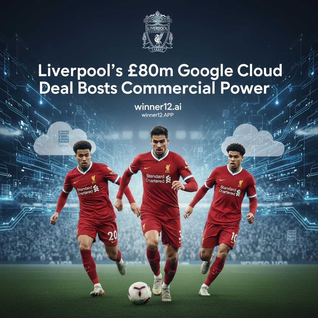 ALT text: Realistic poster of Liverpool FC players in red kits dynamically playing football, Liverpool crest prominently displayed, with digital technology and cloud computing elements in the background symbolizing the £80m Google Cloud partnership, featuring modern sleek headline text “Liverpool’s £80m Google Cloud Deal Boosts Commercial Power,” emphasizing the fusion of football and technology.