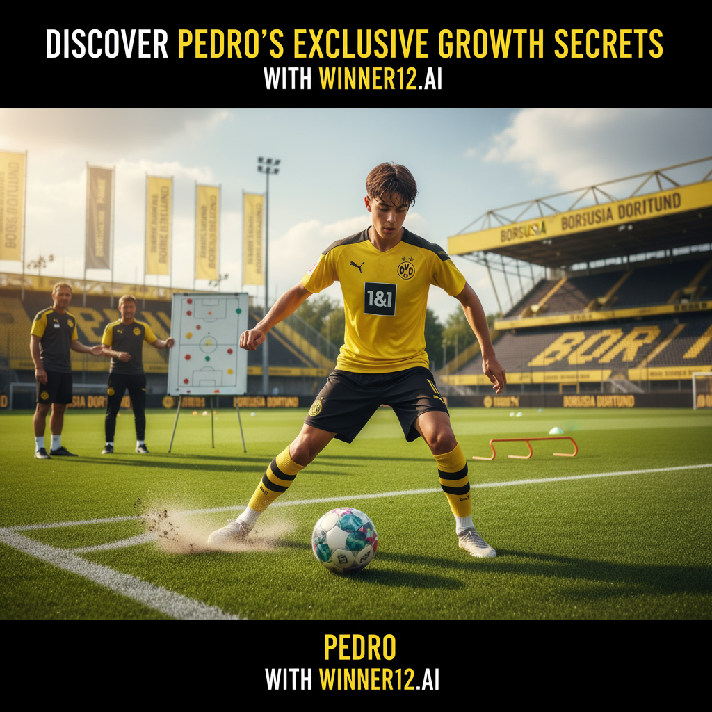 图片ALT文本：多特蒙德训练场上身穿专业装备、专注训练的17岁足球天才佩德罗，展示其独家成长历程，背景有战术板和教练团队，画面采用自然光与鲜艳色彩，突显英式足球发展强度，配有“发现佩德罗独家成长秘诀，尽在winner12.ai”的现代简洁文字叠加。