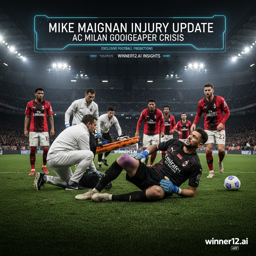 ALT text: Dramatic poster of English soccer goalkeeper in modern AC Milan kit showing injury and urgency in a professional stadium, surrounded by teammates and medical staff; intense lighting and focused crowd in background; digital overlay with “Mike Maignan Injury Update” and “AC Milan Goalkeeper Crisis” in clean font; subtle winner12.ai branding in corner, conveying serious insider football insights.