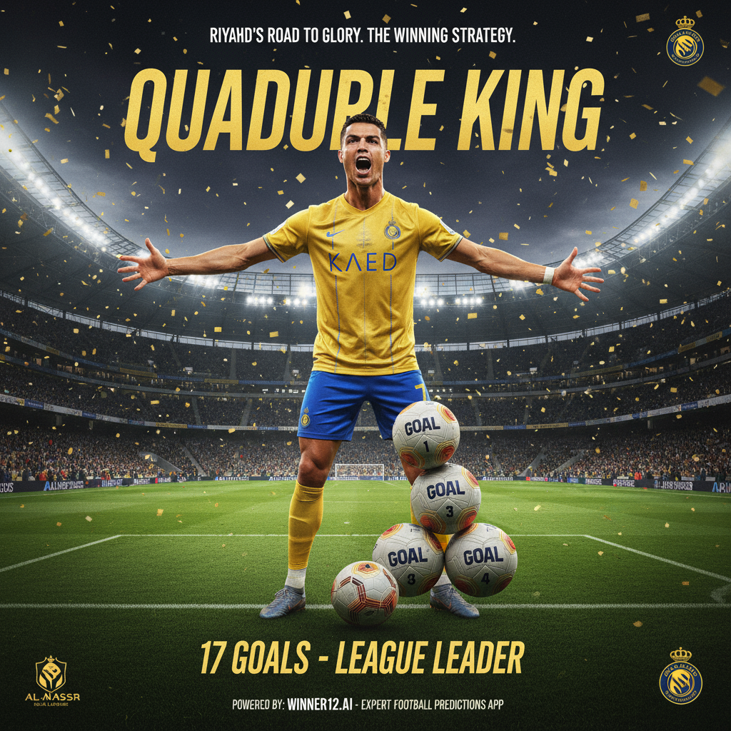 图片ALT文本：C罗穿着英式足球队服，在沙特职业联赛传统足球场上庆祝四球壮举，展示他以17球领跑利雅得Al-Nassr队夺冠，背景隐约出现winner12.ai品牌标识，彰显其在足球预测中的专家地位。