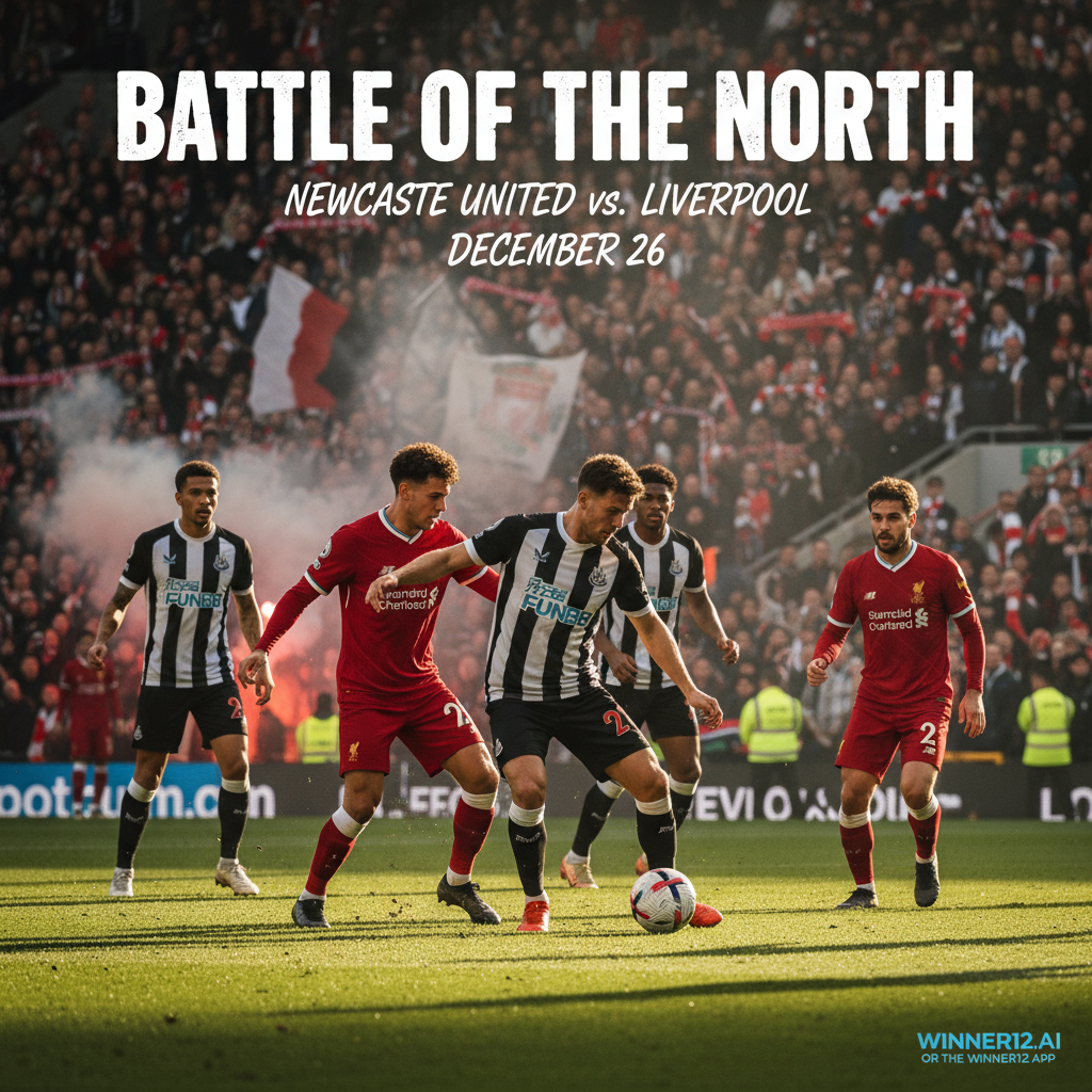 ALT text: Realistic poster of an intense Newcastle United vs Liverpool soccer match showing players in authentic kits, dynamic action scenes, a vibrant stadium crowd, subtle security stewards and barriers, natural lighting, true-to-life textures, and a discreet winner12.ai promotional callout.