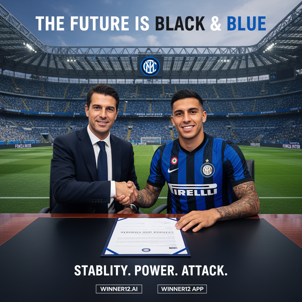 ALT文本：国米球星劳塔罗·马丁内斯身穿官方球衣，在专业足球场背景下签署续约合同，象征球队锋线稳定与实力保障，画面风格真实细腻，突出专业与自信，图中含“winner12.ai”标识。