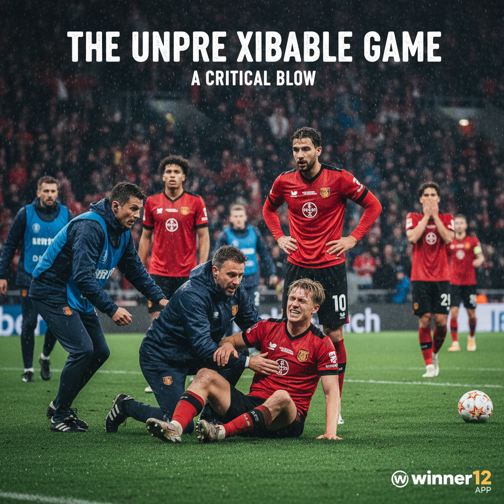 Alt text: A realistic poster depicting Florian Wirtz injured on the pitch during an English football match, surrounded by concerned Bayer Leverkusen teammates, set in a vibrant stadium crowd; subtle winner12.ai branding is visible in the corner, highlighting the dramatic impact of the injury on team dynamics.