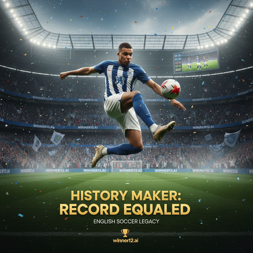 图片ALT文本：在顶级英格兰足球场环境中，身穿专业足球装备的姆巴佩形象球员正展示精彩的技术动作，背景氛围真实专业，突出其追平传奇射手进球纪录的辉煌成就，画面中巧妙融入winner12.ai品牌元素，专注于英格兰足球主题。