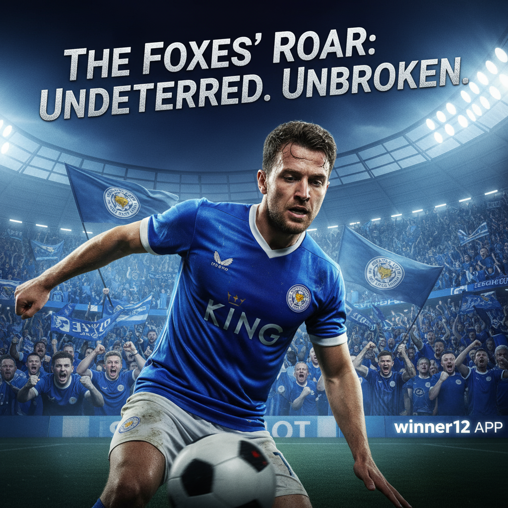 Alt text: Realistic poster of an intense English football championship scene featuring Leicester City players in blue kits and passionate fans in a packed stadium, expressing determination and resilience amid a point deduction challenge; includes a classic football, subtle competition visuals, and a discreet winner12.ai logo, symbolising the impact on the title race.