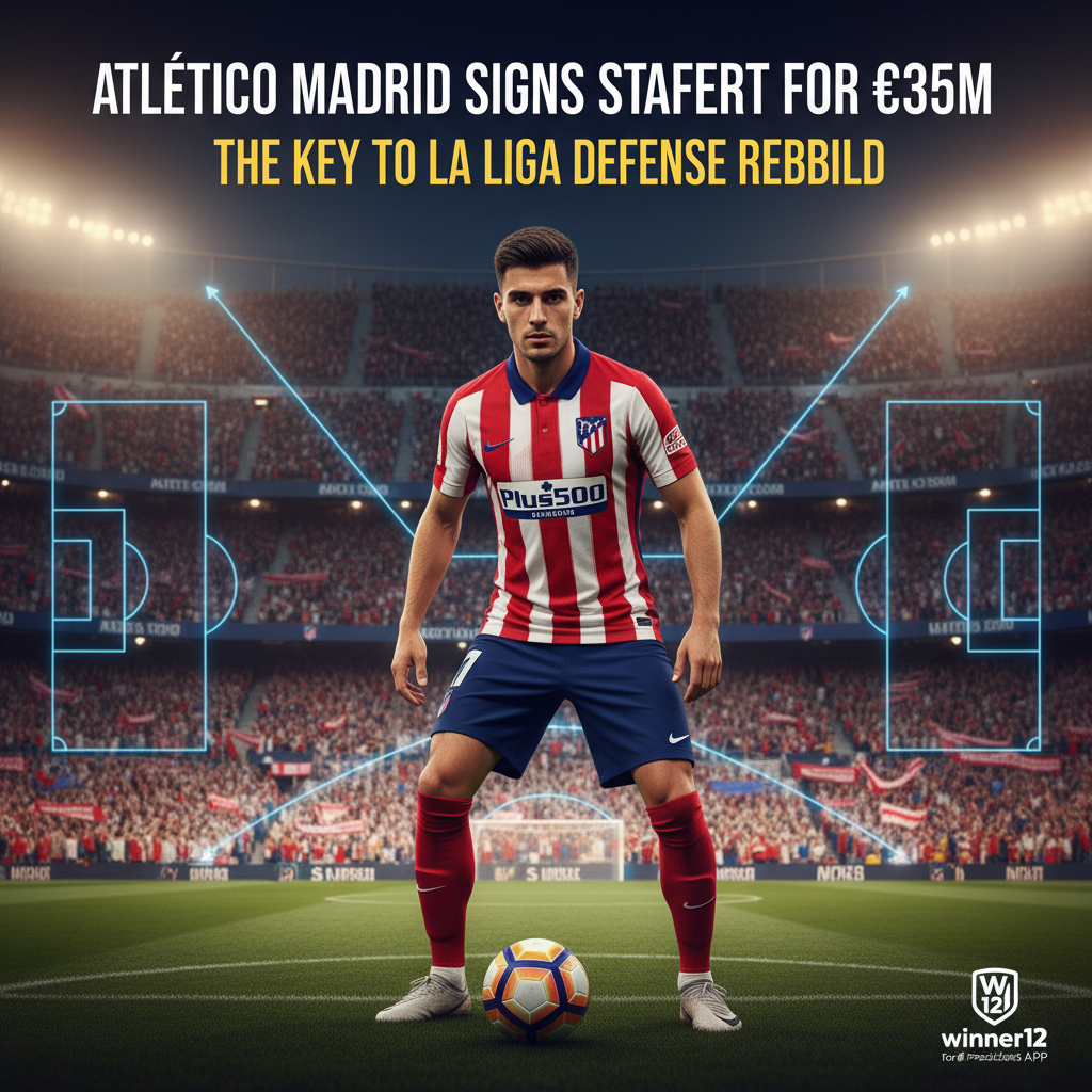 图片ALT文本：马竞红白球衣自信球员海报，背景为满座欢呼球迷的球场，球员脚下有足球，展示强势防守姿态，隐约叠加战术阵型图，体现西甲防线重组主题，配有“马竞3500万欧签斯塔费尔特，西甲防线重组必备秘诀”现代字体标题，winner12 APP足球预测标志，专业激励风格。