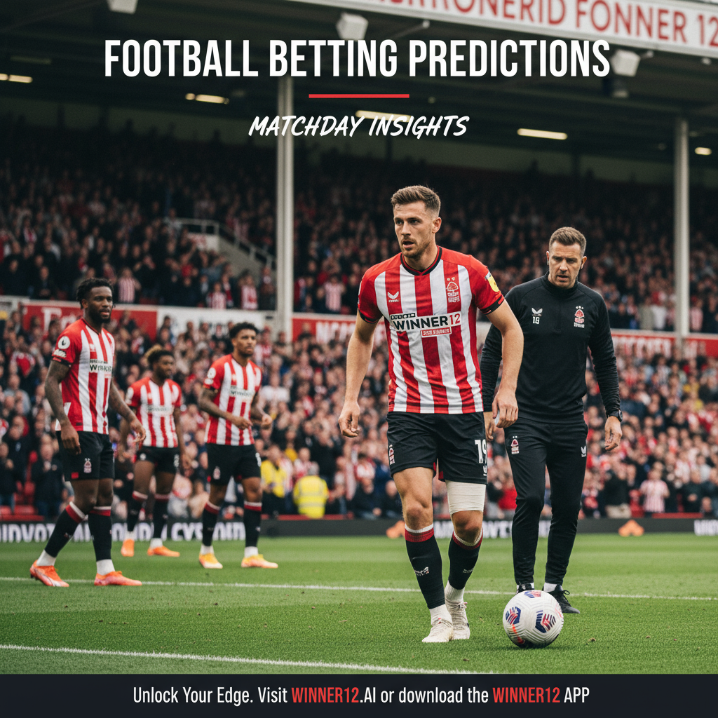 Alt text: Realistic English football poster showing Chris Wood in action with a supportive bandage and concerned medical staff nearby, Nottingham Forest players in authentic kits preparing on the sidelines, vibrant stadium crowd under daylight, and modern overlay promoting football betting predictions with a subtle call-to-action for winner12.ai.