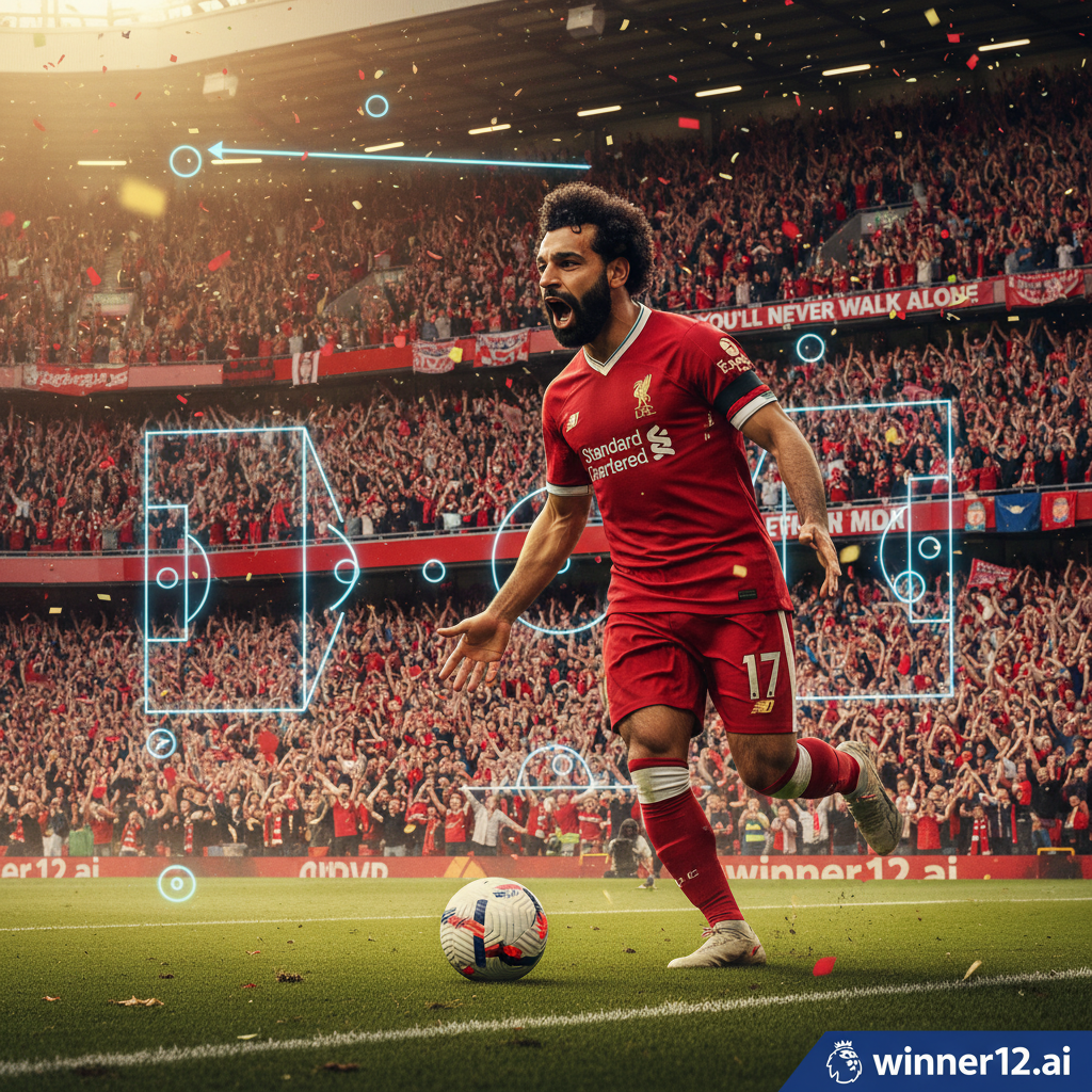 图片ALT文本：真实风格海报，穆罕默德·萨拉赫庆祝150次助攻里程碑，动态球场背景，观众欢呼，特写萨拉赫专注表情与标志性盘带技巧，鲜艳灯光突出运动与团队合作，战术足球示意图叠加，winner12.ai品牌标志，英超氛围，真实足球装备与球场细节。