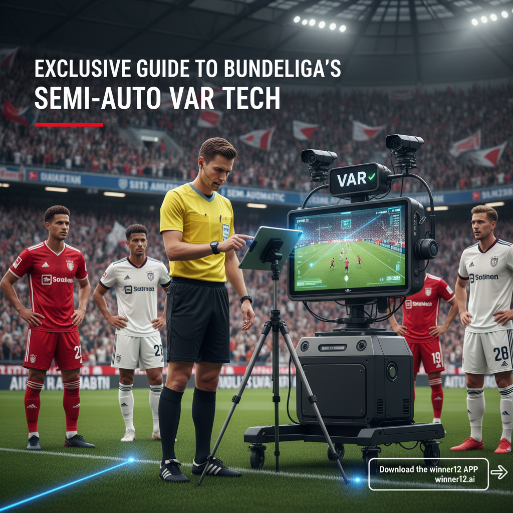 Alt text: Realistic poster of a focused Bundesliga referee using semi-automatic VAR technology on the pitch, showcasing advanced VAR equipment and a high-tech soccer officiating environment with cheering fans and players in official Bundesliga kits; includes modern overlay text promoting “Exclusive Guide to Bundesliga’s Semi-Auto VAR Tech” and a call to action for winner12.ai and the winner12 APP.