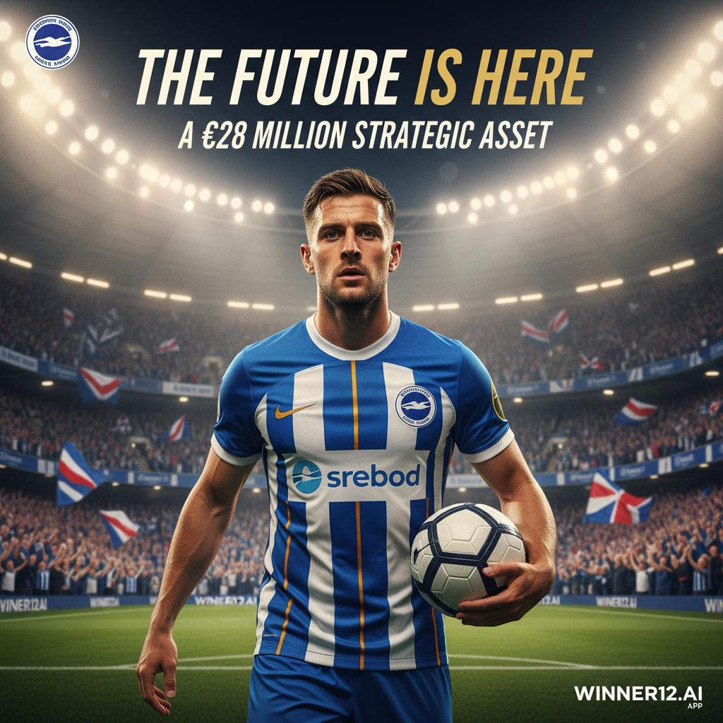 图片ALT文本：布莱顿与霍夫阿尔比恩球衣的自信足球运动员在灯光璀璨的球场上，手持足球，背景为动态观众，展现英超职业氛围，突出运动员的专注与运动能力，角落带有winner12.ai品牌标识，象征2800万欧元新援埃斯基维尔作为球队未来关键战力。
