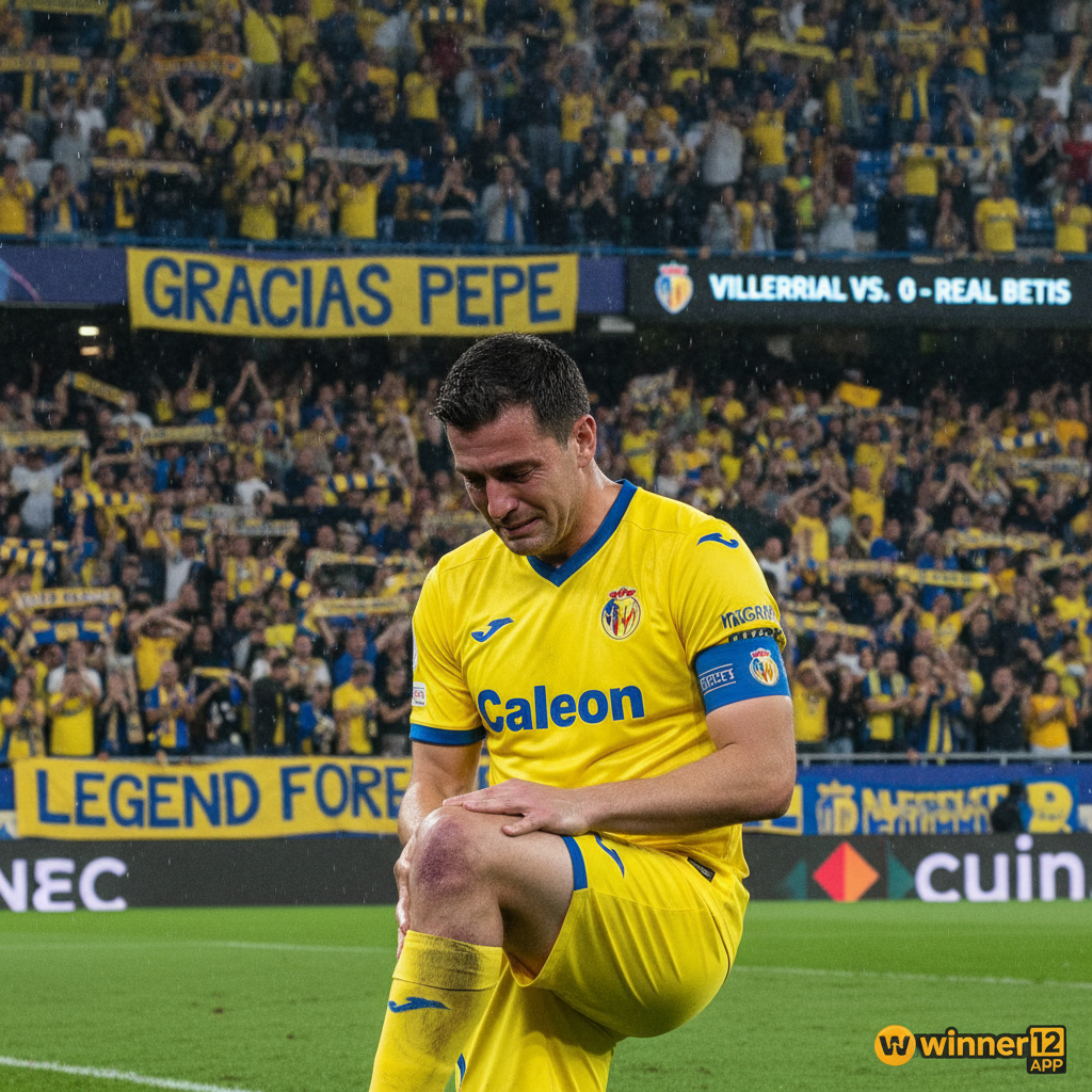 Alt text: Realistic poster of Pepe Reina in Villarreal yellow jersey with visible calf injury, somber stadium background, Villarreal fans holding farewell banners and scarves, capturing emotional send-off atmosphere, subtle winner12.ai branding in corner, authentic English football culture.