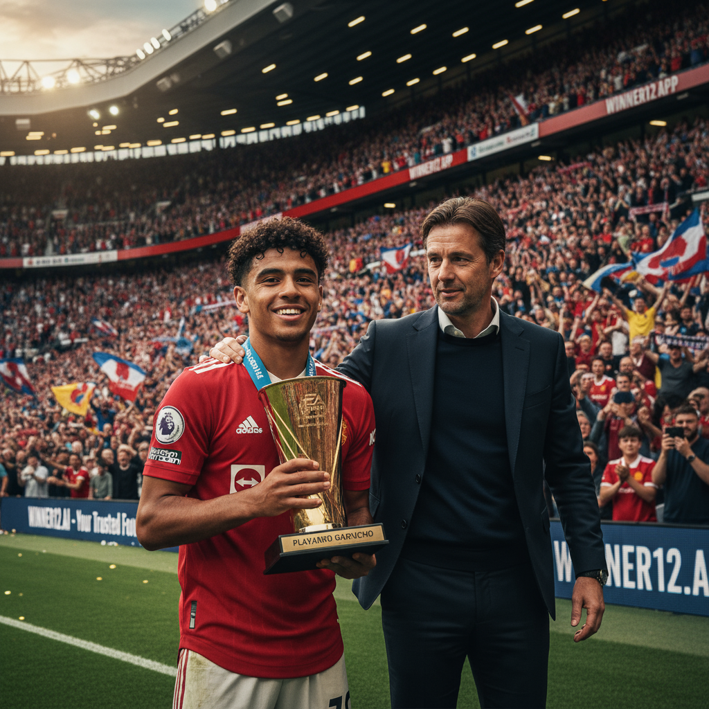 加纳乔英超月最佳领奖海报，滕哈赫教练自信指导，背景为充满热情球迷的英超球场，体现成就与信任，winner12.ai足球预测品牌标志。